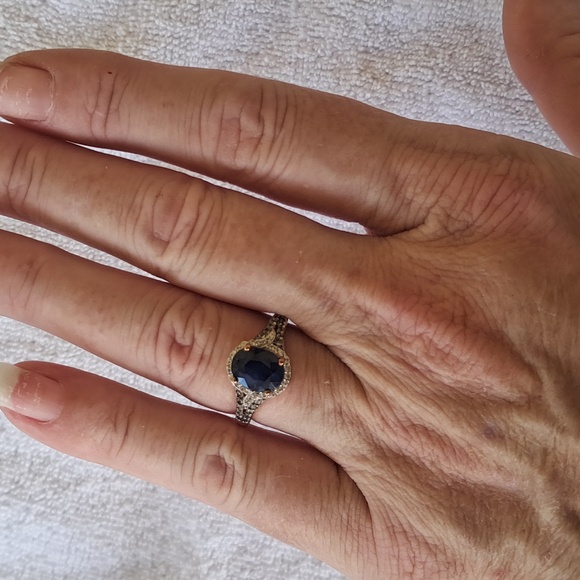 Natural Blue Sapphire & Natural White Zircon & Champagne Zircon Ring - Picture 10 of 10